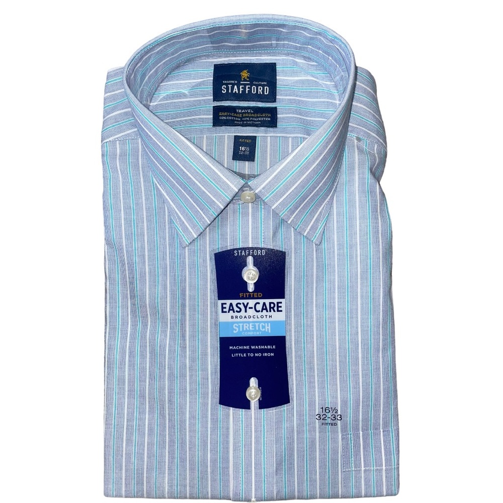 Stafford Travel Fitted Easy Care Blue Stripes Dress Shirt 16.5 32/33 NEW